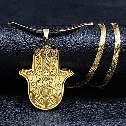 304 Stainless Steel Religion Hamsa Hand Pendant Flat Snake Chain Necklaces, Golden, 15.75 inch(40cm)(FS-WGD9CC8-02)
