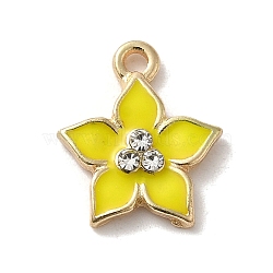 Flower Alloy Enamel Pendants, with Rhinestone, Light Gold, Yellow, 13.5x12.5x2.5mm, Hole: 1.4mm(ENAM-A007-05KCG-04)