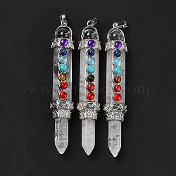 Chakra Theme Natural Quartz Crystal Big Pendants, Eco-Friendly Brass Finding, Platinum, Cadmium Free & Lead Free, Pen, 81.5x14.5x13mm, Hole: 7.5x5mm(G-I322-06P-05)