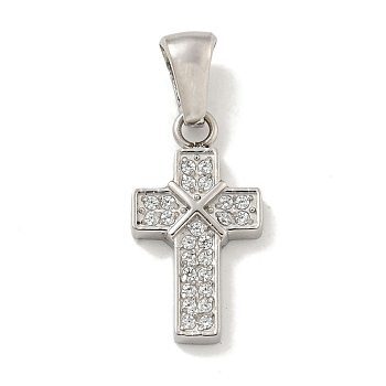 304 Stainless Steel Cubic Zirconia Pendants, Cross Charm, Stainless Steel Color, 18.5x10x2.5mm, Hole: 6x3mm