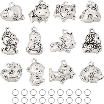 Unicraftale 12Pcs 12 Style Tibetan Style Alloy Pendants, Cadmium Free & Lead Free, 12 Chinese Zodiac Signs, Antique Silver, 13x16x6mm, Hole: 1.4mm