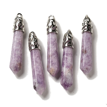 Natural Lepidolite Pointed Big Pendants, Faceted Bullet Charms with Rack Plating Platinum Plated Brass Findings, 56~65x11~11.5x10~10.5mm, Hole: 4X3mm