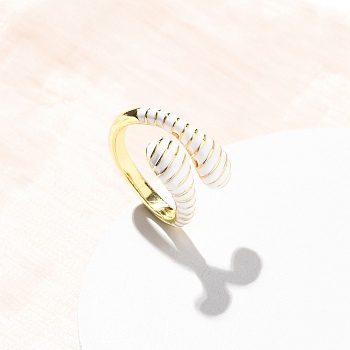 Brass Enamel Cuff Open Rings for Women, Cadmium Free & Lead Free, Long-Lasting Plated, Rack Plating, Real 18K Gold Plated, White, 2.5~5.5mm, Inner Diameter: 17mm