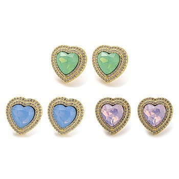 Cubic Zirconia Heart Stud Earrings, Rack Plating Real 18K Gold Plated Brass Earrings, Long-Lasting Plated, Cadmium Free & Lead Free, Mixed Color, 16.5x16mm