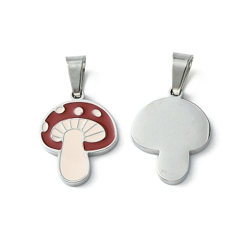 304 Stainless Steel Manual Polishing Pendants, with Enamel and 201 Stainless Steel Clasp, Mushroom Charms, Stainless Steel Color, 16x12x1.5mm, Hole: 3x5.5mm