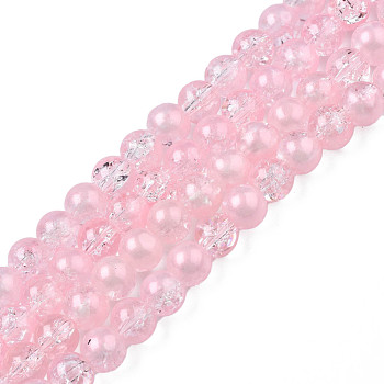 Translucent Crackle Glass Beads Strands, with Glitter Powder, Round, Pink, 8x7.5mm, Hole: 1mm, about 100~105Pcs/strand, 31.50 inch~33.07 inch(80cm~84cm)