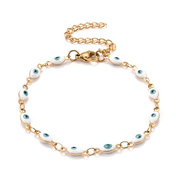 Enamel Horse Eye Link Chains Bracelet, Vacuum Plating 304 Stainless Steel Jewelry for Women, Golden, White, 6-3/4 inch(17.1cm)