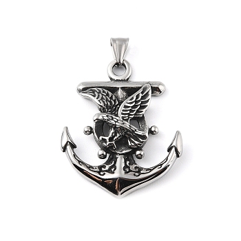 304 Stainless Steel Big Pendants, with 201 Stainless Steel Snap on Bails, Anchor with Eagle Charm, Antique Silver, 50.5x41x7.5mm, Hole: 9x4mm