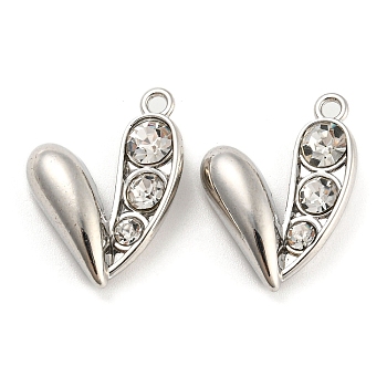 Alloy with Glass Pendants, Heart Charms, Platinum, 22x17x7mm, Hole: 1.8mm