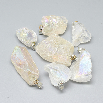 Electroplate Rough Raw Natural Quartz Crystal Pendants, with Iron Bails, Nuggets, Platinum, Clear, 25~48x17~28x10~24mm, Hole: 6x3mm