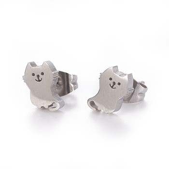 304 Stainless Steel Stud Earrings, Hypoallergenic Earrings, with Ear Nuts/Earring Back, Cat, Stainless Steel Color, 8x6mm, Pin: 0.8mm
