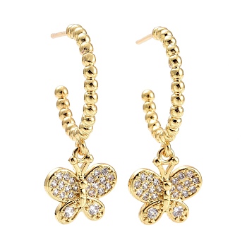C-Shape with Butterfly Cubic Zirconia Dangle Stud Earrings, Real 18K Gold Plated Brass Long Drop Half Hoop Earrings for Women, Lead Free & Cadmium Free, Clear, 33x19.5mm, Pin: 0.7mm
