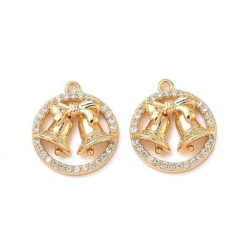 Brass Micro Pave Clear Cubic Zirconia Charms, Flat Round & Bell, Nickel Free, Real 18K Gold Plated, 14.5x13x3.5mm, Hole: 1mm
