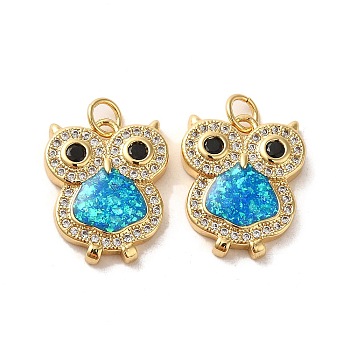 Brass Micro Pave Cubic Zirconia with Synthetic Opal Pendants, with Jump Ring, Owl, Real 18K Gold Plated, 18x14.5x3mm