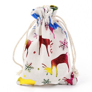 Christmas Theme Cotton Fabric Cloth Bag, Drawstring Bags, for Christmas Party Snack Gift Ornaments, Deer Pattern, 14x10cm
