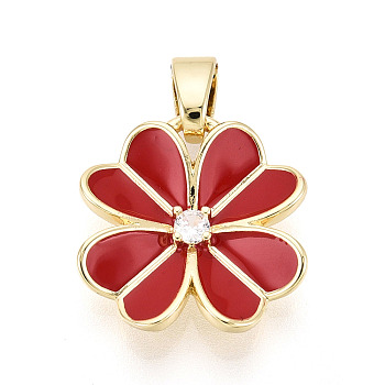 Brass Micro Pave Clear Cubic Zirconia Pendants, with Enamel, Flower Charms, Real 18K Gold Plated, FireBrick, 16.5~17x16~16.5x3~3.5mm, Hole: 2.5~3x5.5~6mm