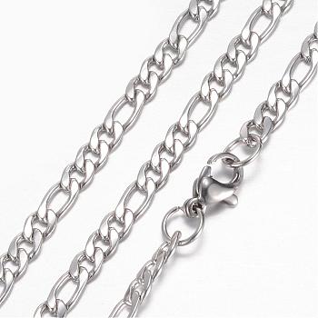 Tarnish Resistant 304 Stainless Steel Figaro Chain Necklaces, with Lobster Claw Clasps, Stainless Steel Color, 17.72 inch(45cm) long, 3.7x1.3mm