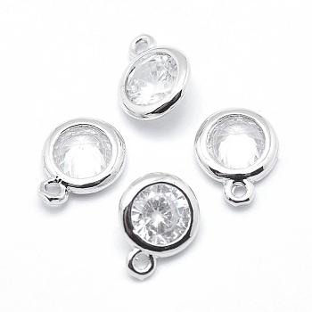 Brass Cubic Zirconia Pendants, Flat Round Charms, Lead Free & Cadmium Free, Real Platinum Plated, 8.5x6.5x3mm, Hole: 1mm