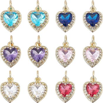 SUPERFINDINGS 12Pcs 6 Colors Brass Micro Pave Cubic Zirconia Charms, Heart, Golden, Mixed Color, 12.5x10x6.5mm, Hole: 3.6mm, 2pcs/color