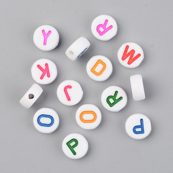 Opaque White Acrylic Beads, with Enamel, Horizontal Hole, Flat Round with Random Initial Letter, Mixed Color, 9.5x4.5mm, Hole: 2mm, 1580pcs/500g