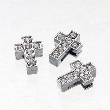Alloy Cross Slide Charms with Grade A Rhinestones, Platinum, 13x9x4mm, Hole: 8x2mm