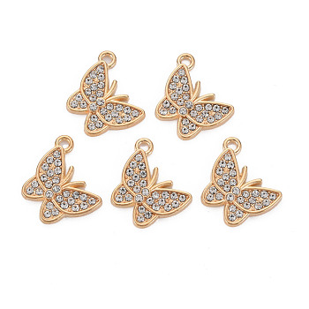 Alloy Pendants, with Crystal Rhinestone, Cadmium Free & Lead Free, Butterfly, Light Gold, 19.5x16.5x2.5mm, Hole: 1.6mm