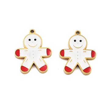 Ion Plating(IP) 304 Stainless Steel Pendants, Christmas Theme Enamel Charms, Golden, Gingerbread Man, 15.5x12.5x1.5mm, Hole: 1mm