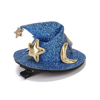 Halloween Imitation Leather Hair Accessories, with Iron Alligator Hair Clips Findings, Hat with Star, Steel Blue, 72x37mm