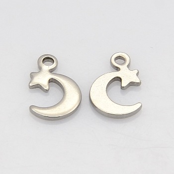 304 Stainless Steel Moon and Star Charms, Stainless Steel Color, 11x7x1mm, Hole: 1mm