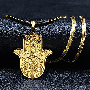 304 Stainless Steel Religion Hamsa Hand Pendant Flat Snake Chain Necklaces, Golden, 15.75 inch(40cm)