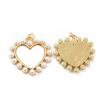 Shell Pendants, Heart Charms, with ABS Imitation Pearl and Brass Findings, Golden, 24x25x4.5mm, Hole: 3mm
