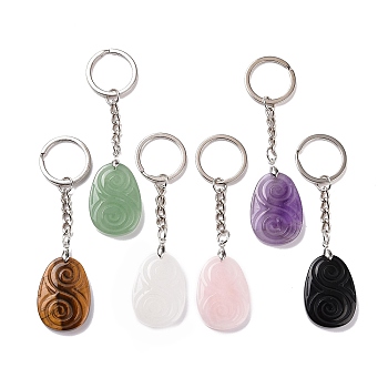 Natural Gemstone Teardrop with Spiral Pendant Keychain, with Brass Split Key Rings, 9.5cm