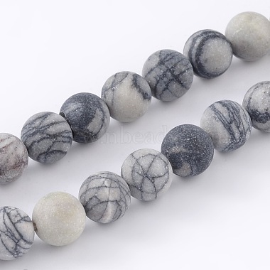 Round Frosted Natural Black Silk Stone/Netstone Bead Strands(G-M248-8mm-03)-1