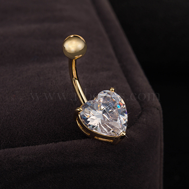 Real 18K Gold Plated Body Jewelry Heart Cubic Zirconia Brass Navel Ring Navel Ring Belly Rings(AJEW-EE0001-01A)-2