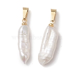 Natural Baroque Pearl Keshi Pearl Pendants, Stick Charms with 304 Stainless Steel Snap on Bails, Floral White, Golden, 23.5x6~8x5~5.5mm, Hole: 6x3mm(PALLOY-JF04998)