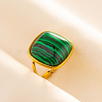Adjustable 304 Stainless Steel Cuff Open Rings for Women, Square, with Synthetic Malachite, Golden, 20mm, Inner Diameter: 17mm(TI2692-6)