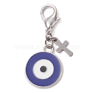 Alloy Enamel Pendant Decoration, with Alloy Clasp, Flat Round with Evil Eyes, Dark Slate Blue, 42mm(HJEW-JM01451-01)