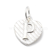 925 Sterling Silver Heart with Capital Letter Charms, with Jump Rings, Silver Color, Letter P, 11.5x10.5x1.5mm, Hole: 4mm(STER-S009-13P-S)