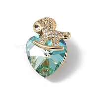 Real 18K Gold Plated Rack Plating Brass Micro Pave Clear Cubic Zirconia Pendants, with Glass, Long-Lasting Plated, Cadmium Free & Lead Free, Horse & Heart Charm, Turquoise, 17.5x12x10mm, Hole: 2x4mm(KK-C015-09G-11)