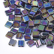 Electroplate Opaque Glass Seed Beads, 2-Hole, Rectangle, Rainbow Plated, 5x4.5~5.5x2~2.5mm, Hole: 0.5~0.8mm(SEED-S023-20C-05)