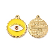 Vacuum Plating 201 Stainless Steel Enamel Pendants, Real 18K Gold Plated, Flat Round with Evil Eye Charm, Yellow, 23.5x20x2.5mm, Hole: 1.2mm(STAS-J401-VC839)