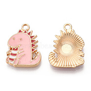 Alloy Enamel Pendants, Cadmium Free & Lead Free, Dinosaur Shape, Light Gold, Pink, 20.5x15x2.5mm, Hole: 1.8mm(ENAM-T009-59B-RS)