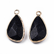Synthetic Blue Goldstone Pendants, with Light Gold Plated Brass Findings, Faceted, Teardrop Charm, 27x14.5x6mm, Hole: 2.5mm(G-N326-136-04)