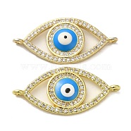 Rack Plating Brass Micro Pave Cubic Zirconia Connector Charms, Eye Links with Evil Eye Enamel, Long-Lasting Plated, Lead Free & Cadmium Free, Real 18K Gold Plated, Clear, 13x28x3mm, Hole: 1.4mm(KK-O017-08B-G)