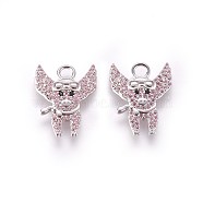 Brass Micro Pave Cubic Zirconia Pendants, Piggy with Wing & Glasses, Pink, Platinum, 20x16x2mm, Hole: 3mm(ZIRC-L075-24A-P)