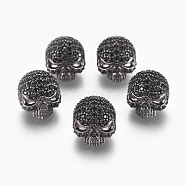 Brass Micro Pave Cubic Zirconia Beads, Skull, Gunmetal, 13.6x11.1mm(ZIRC-S053-YS040B-3)