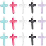 30Pcs 5 Colors Opaque Acrylic Pendants, with Sequins, Cross Charm, Mixed Color, 32x18.5x3mm, Hole: 2mm(OACR-SC0001-35)