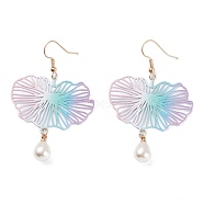 Spray Painted Stainless Steel Dangle Earrings, Etched Metal Embellishments, with Iron Earring Hooks and Plastic Imitation Pearl Charms, Lotus Leaf, Golden, Colorful, 60mm, Pin: 0.7mm(EJEW-I256-05G)
