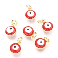 Brass Enamel Beads, Real 18K Gold Plated,Long-Lasting Plated, with Jump Ring, Flat Round with Evil Eye, Red, 9.5x6.5x4.5mm, Hole: 2.5mm(X-KK-B024-02G-F)