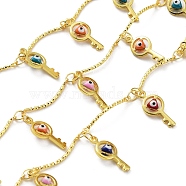 Brass Curved Bar Link Chains, with Colorful Enamel Key with Evil Eye Charms, Soldered, with Spool, Real 18K Gold Plated, 18x1mm, about 32.81 Feet(10m)/Roll(CHC-C001-06G)